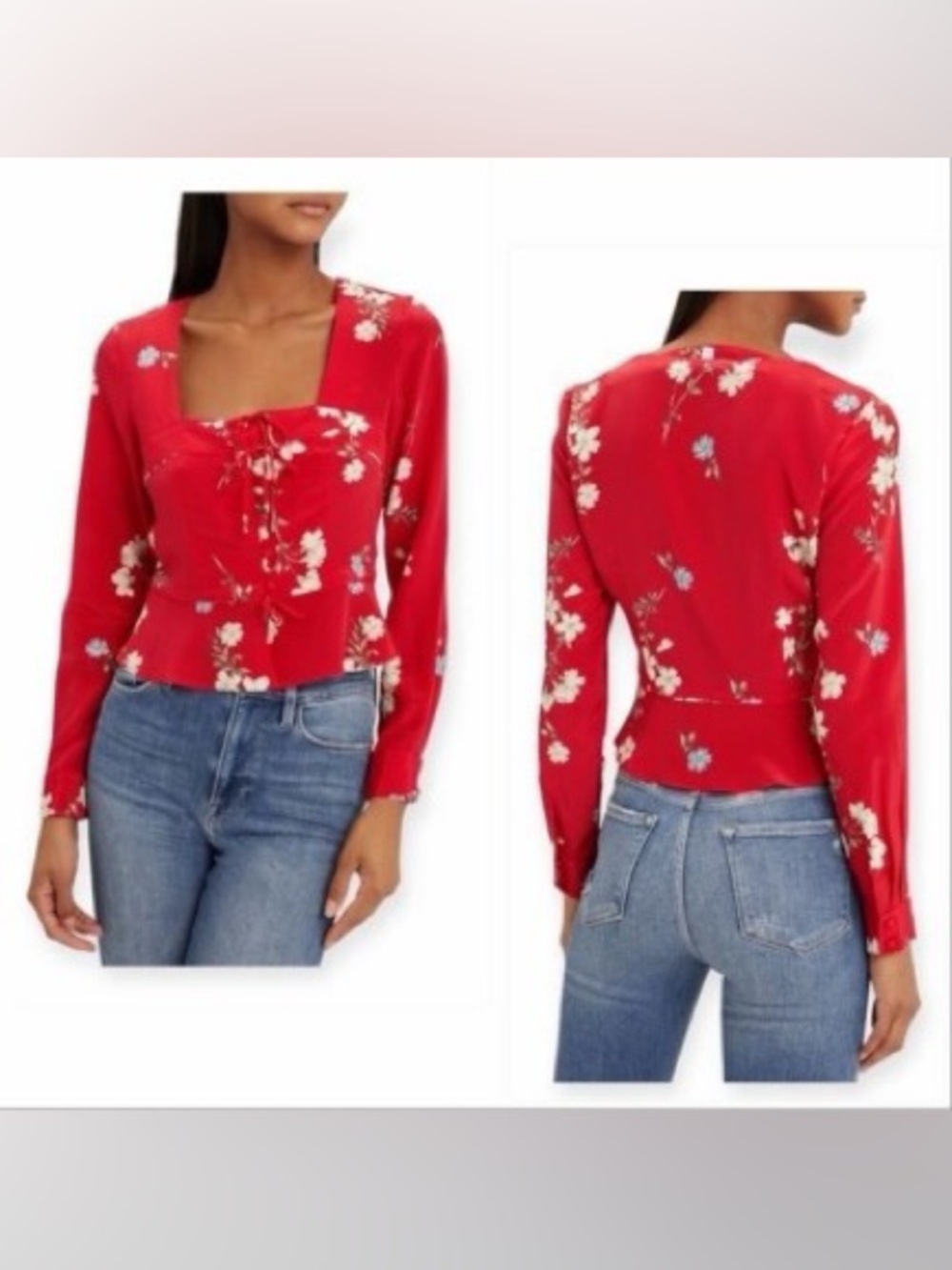 INTERMIX Silk Red Floral Square-Neck Long-Sleeve Peplum Top (128)